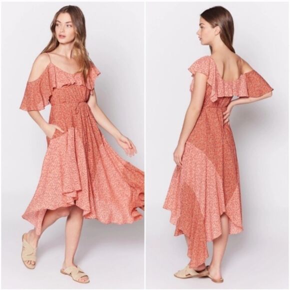 JOIE Hacinthia One Shoulder Silk Midi Dress Boho Ruffle in Cinnamon Size Small - Picture 1 of 13